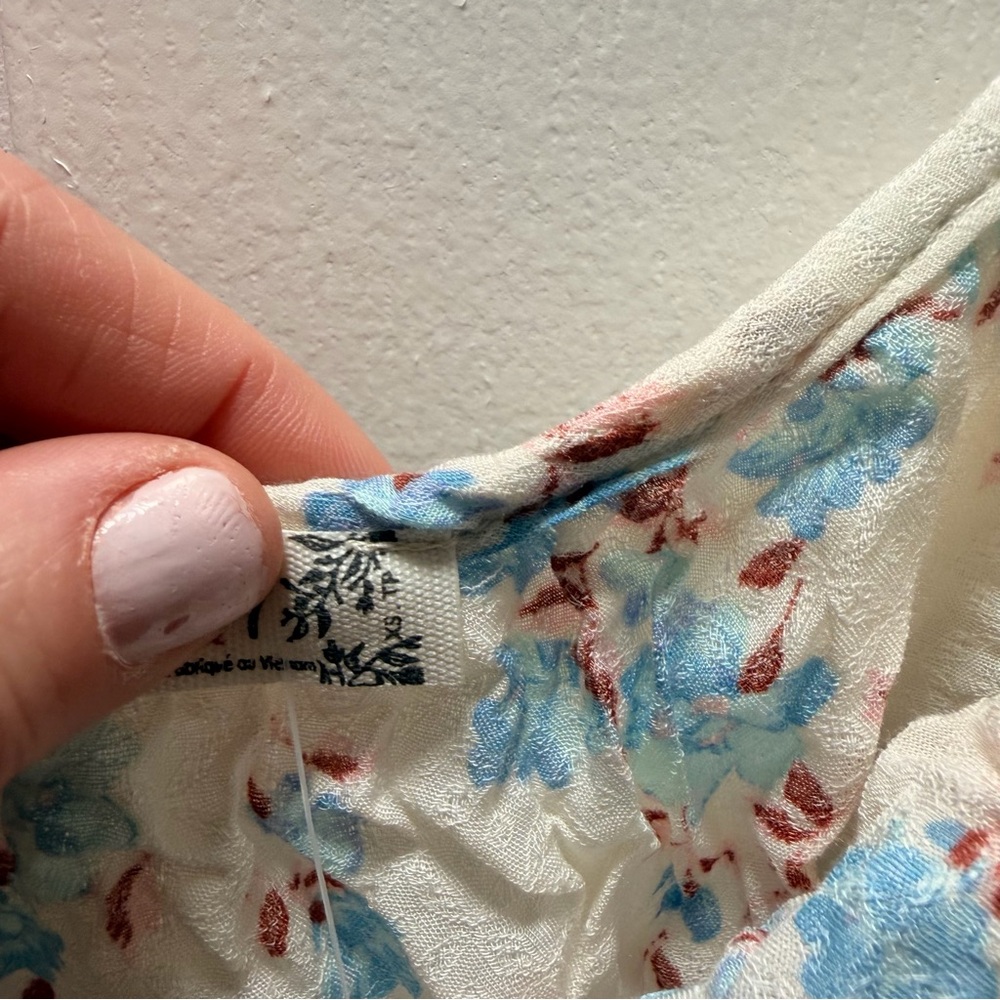 Free People Cream Floral Ruffle Tie-Shoulder Top with Blue and Pink Print - Picture 3 of 3